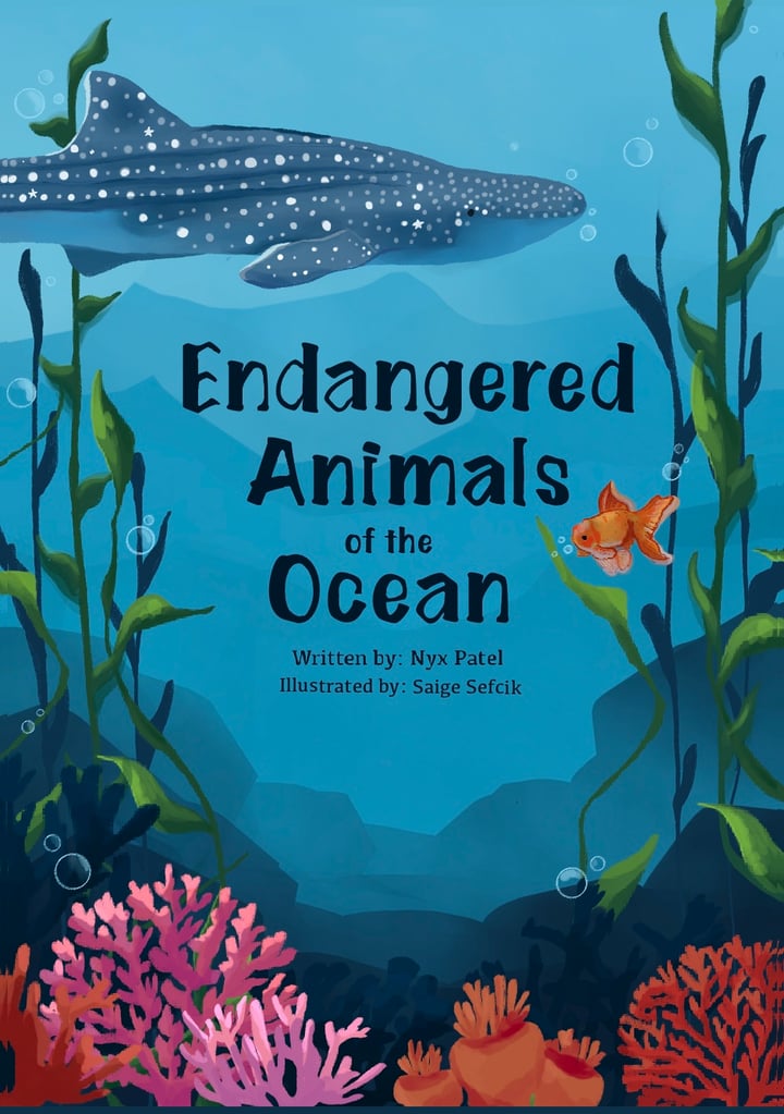 Cover of Endangered Animals of the Ocean: a whale shark gliding above a colorful coral reef with kelp fronds and a small orange fish.