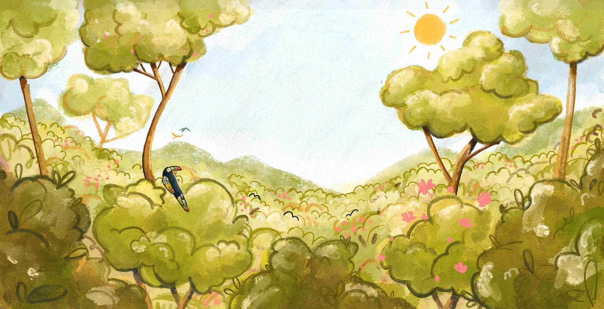 A painterly jungle canopy: sunlit green trees arch over a toucan gliding above pink and golden flowers, with distant rolling hills and a warm sun overhead.